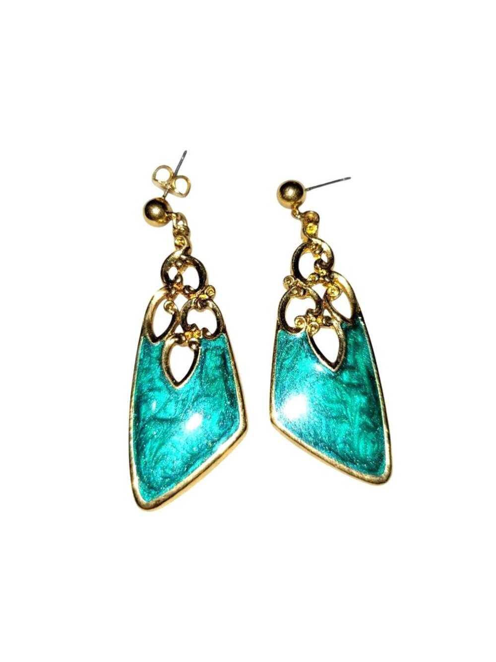 Vintage Dangle Earrings Green Enamel 1990s Gold-Tone Classic Pierced Jewelry